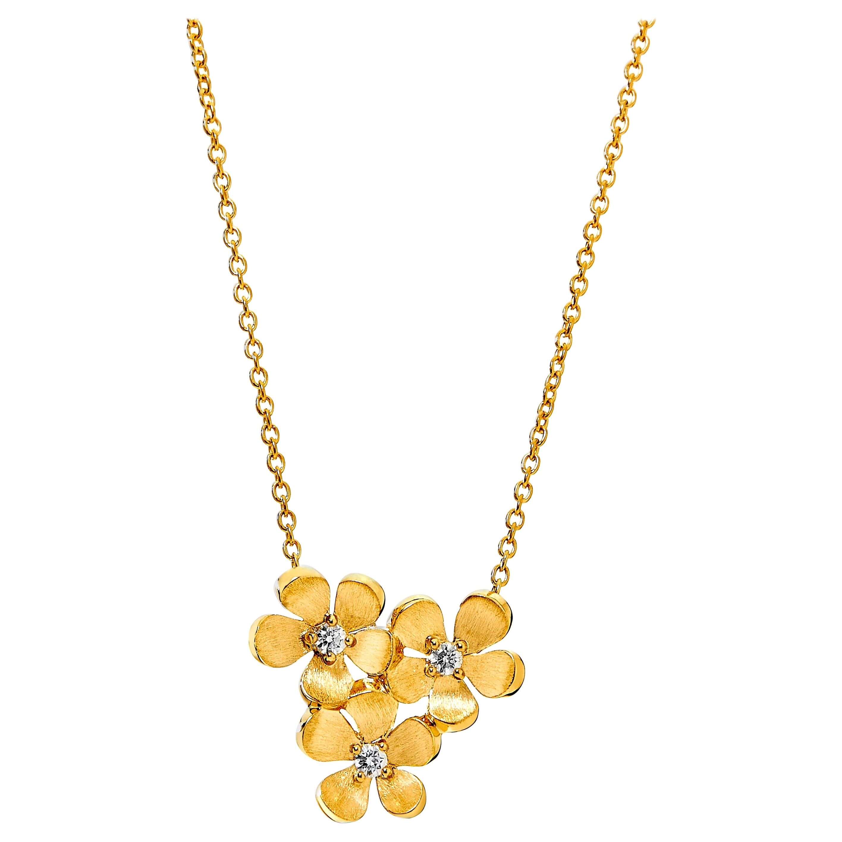 Syna Yellow Gold Satin Flower Bunch Necklace with Diamonds For Sale