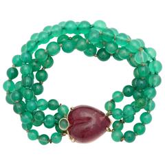 1950s Green Chrysophrase Pink Tourmaline Gold Twist Bracelet