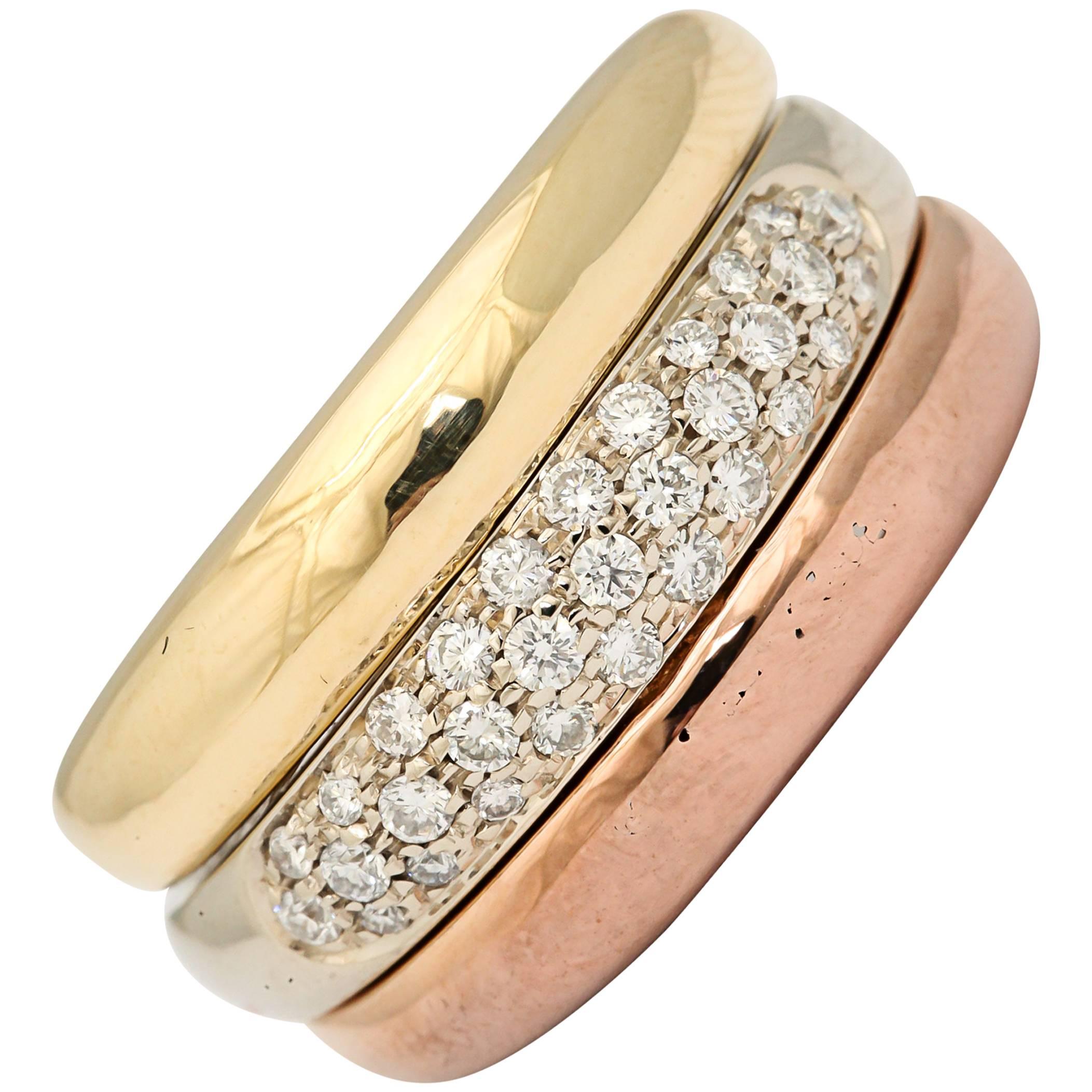 1990s Cartier Paris Diamond Three Color Gold Triple Movable Bands Ring