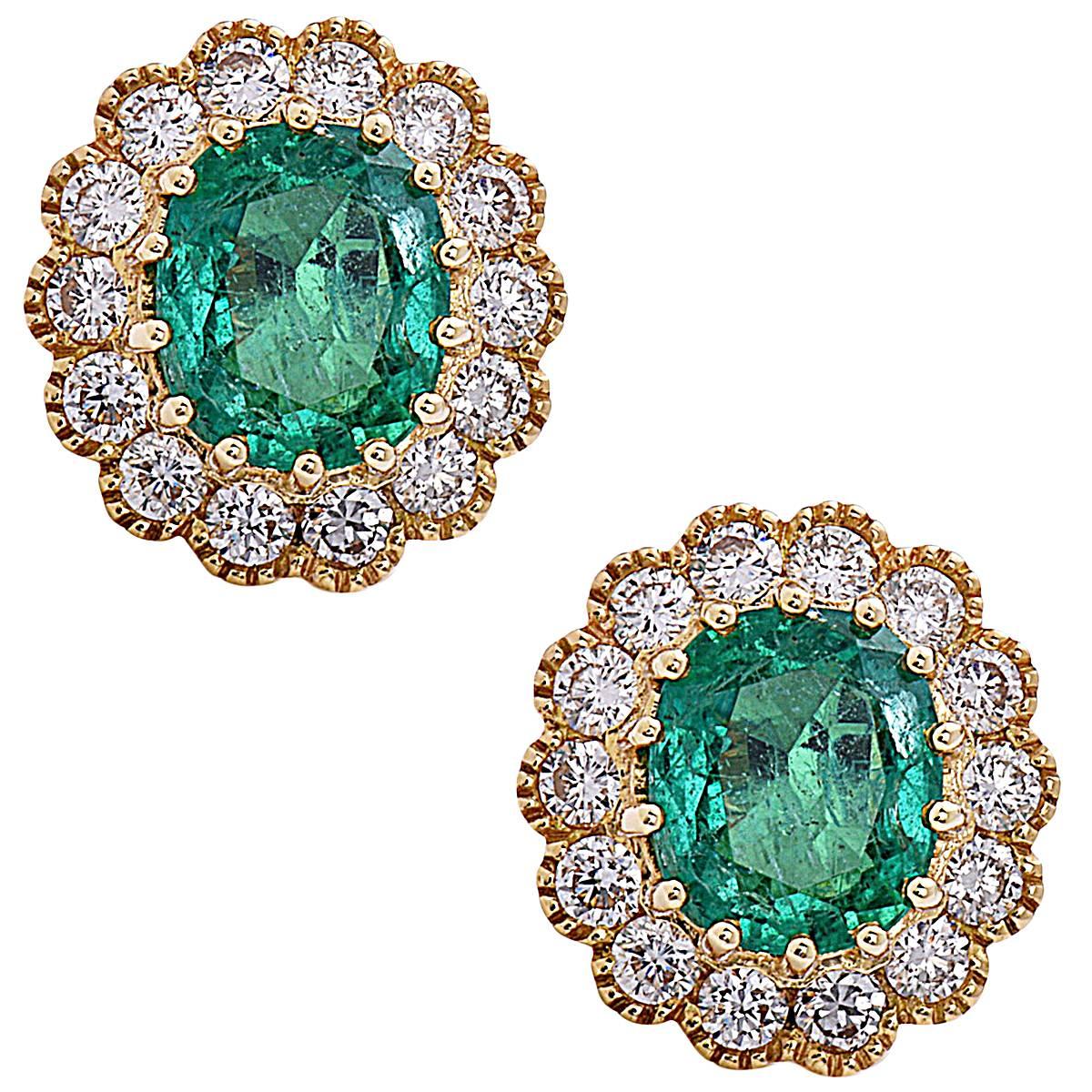 Floral Emerald Diamond Gold Stud Earrings