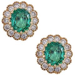 Floral Emerald Diamond Gold Stud Earrings