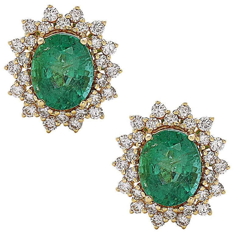 Oval Emerald Round Diamond Gold Stud Earrings at 1stdibs