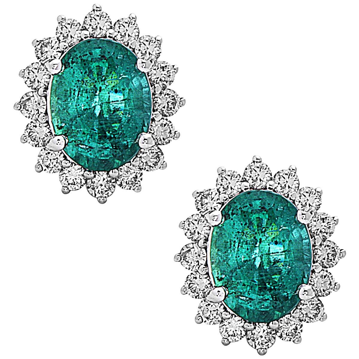 Stunning Oval Emerald Round Diamond Gold Stud Earrings