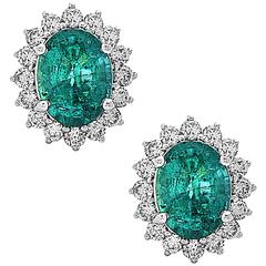 Stunning Oval Emerald Round Diamond Gold Stud Earrings