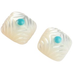 Carved Mother of Pearl Square Cabochon Turquoise 14 Karat Gold Stud Earrings