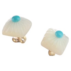 Carved Mother of Pearl Square Cabochon Turquoise 14 Karat Gold Stud Earrings