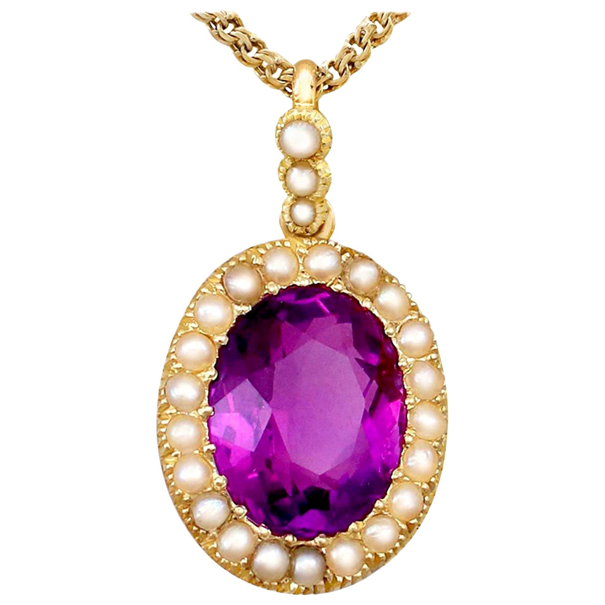 Antique 6.56 Carat Amethyst and Pearl Yellow Gold Pendant For Sale