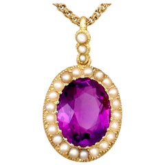 Antique 6.56 Carat Amethyst and Pearl Yellow Gold Pendant