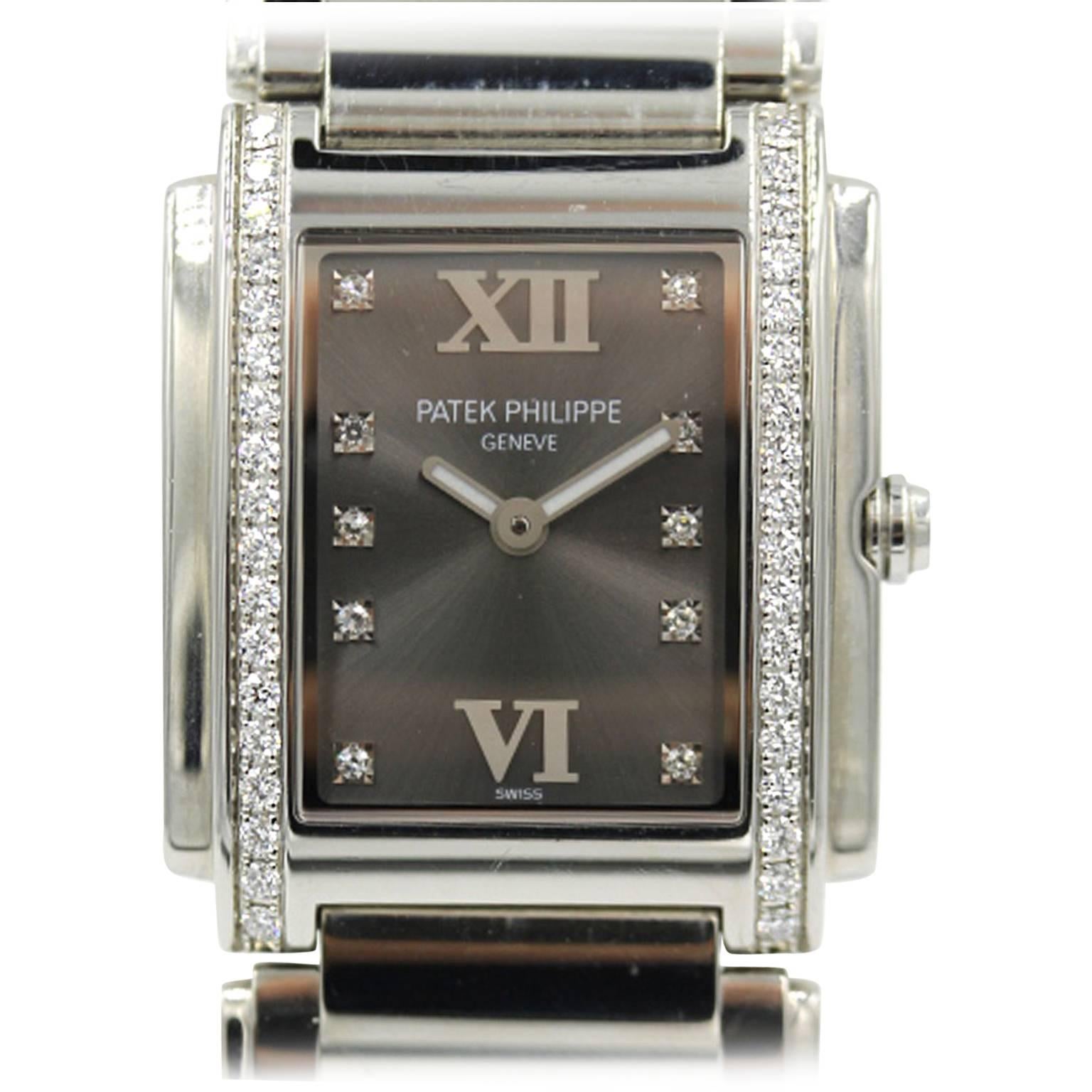 Patek Philippe Stainless Steel Diamond Twenty-4 Black Dial Quartz Wristwatch 