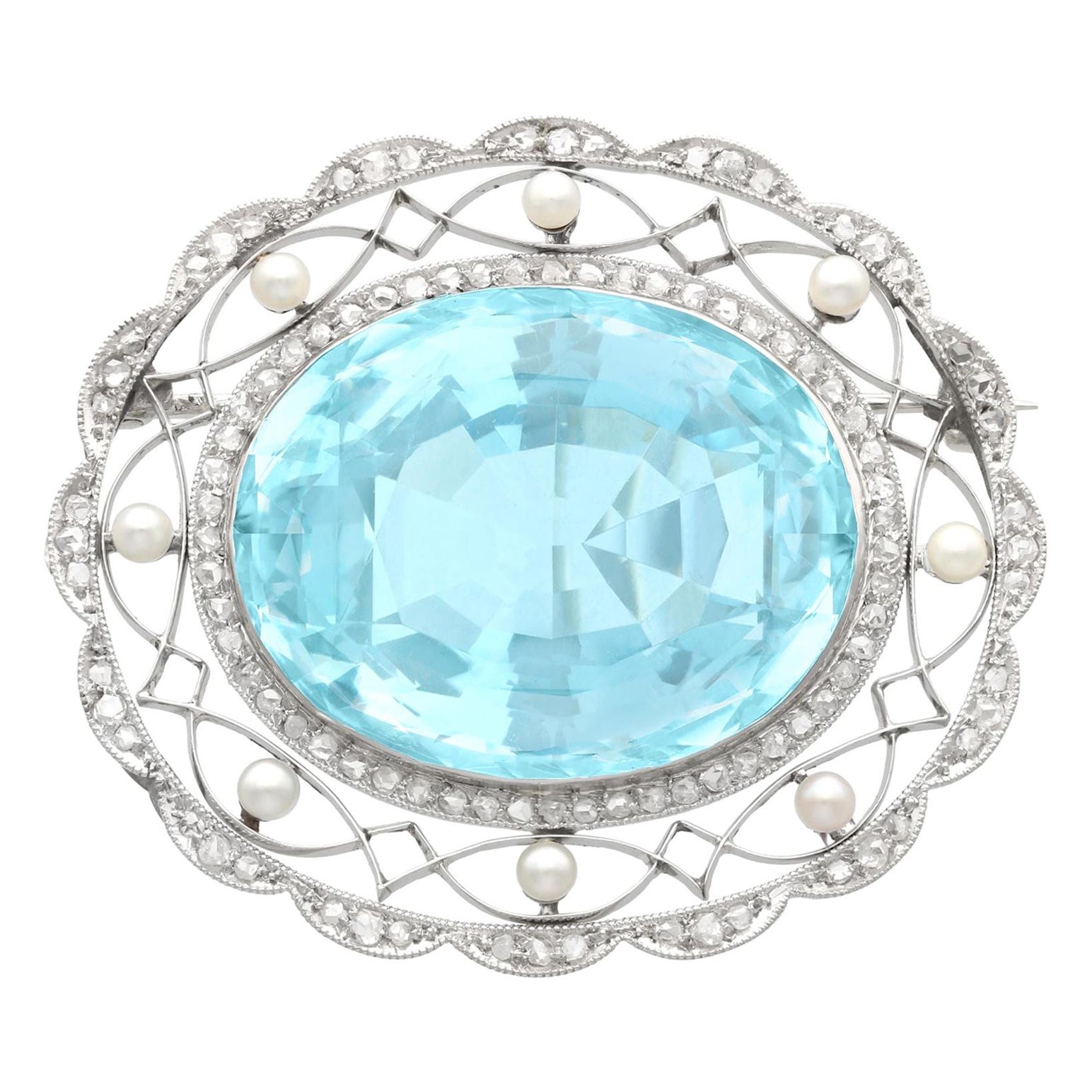 1910s, Antique 43.84 Carat Oval Cut Aquamarine Diamond and Pearl Platinum Brooch For Sale