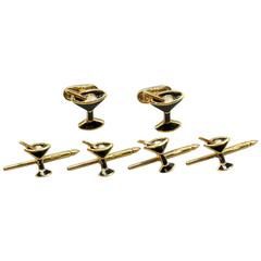 Vintage Black and White Enamel Gold Martini Glass Cufflinks and Studs Set