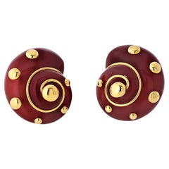 Verdura 18K Gold Red Carnelian Shell Earrings
