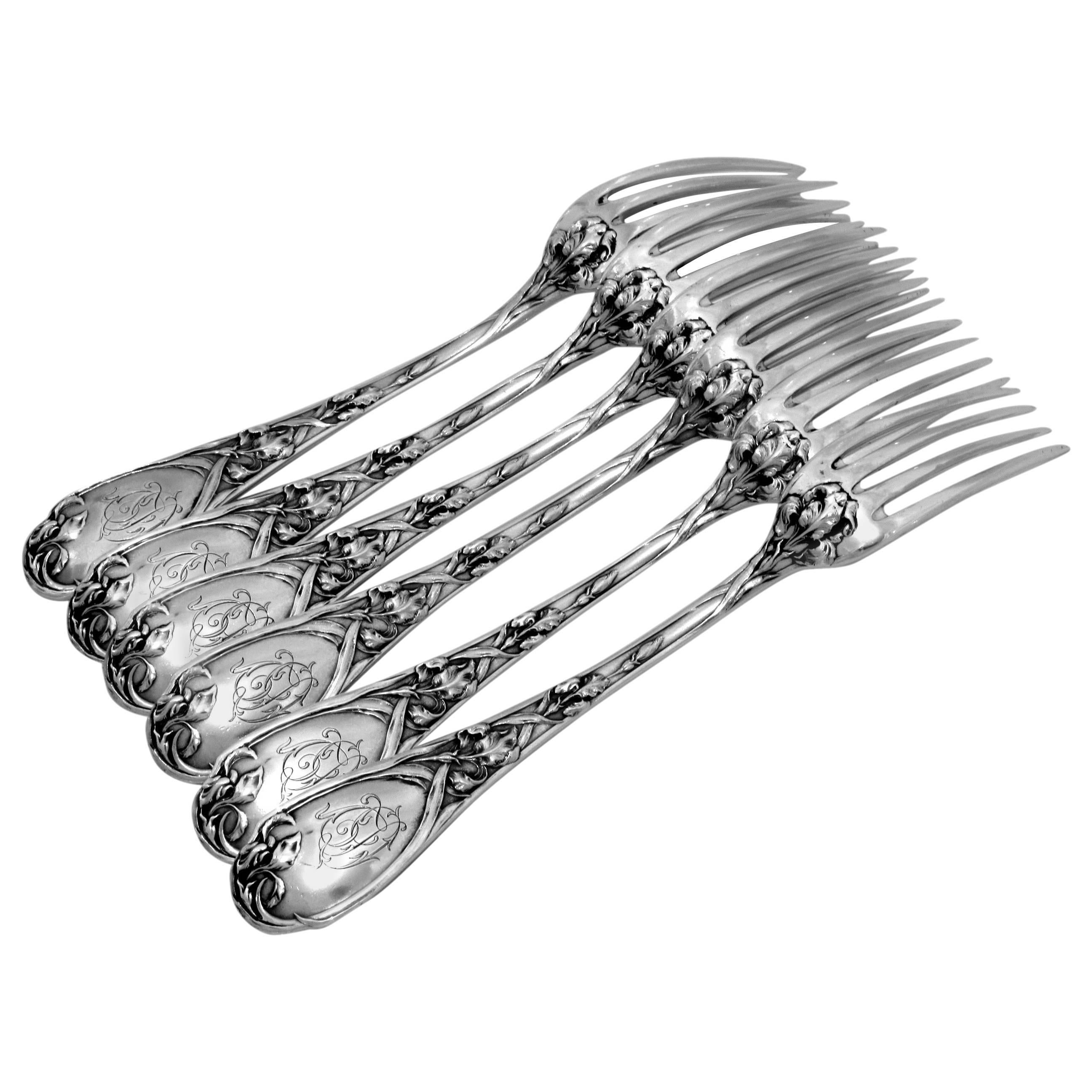 Puiforcat Fabulous French Sterling Silver Dinner Forks Set 6 pc Iris   For Sale