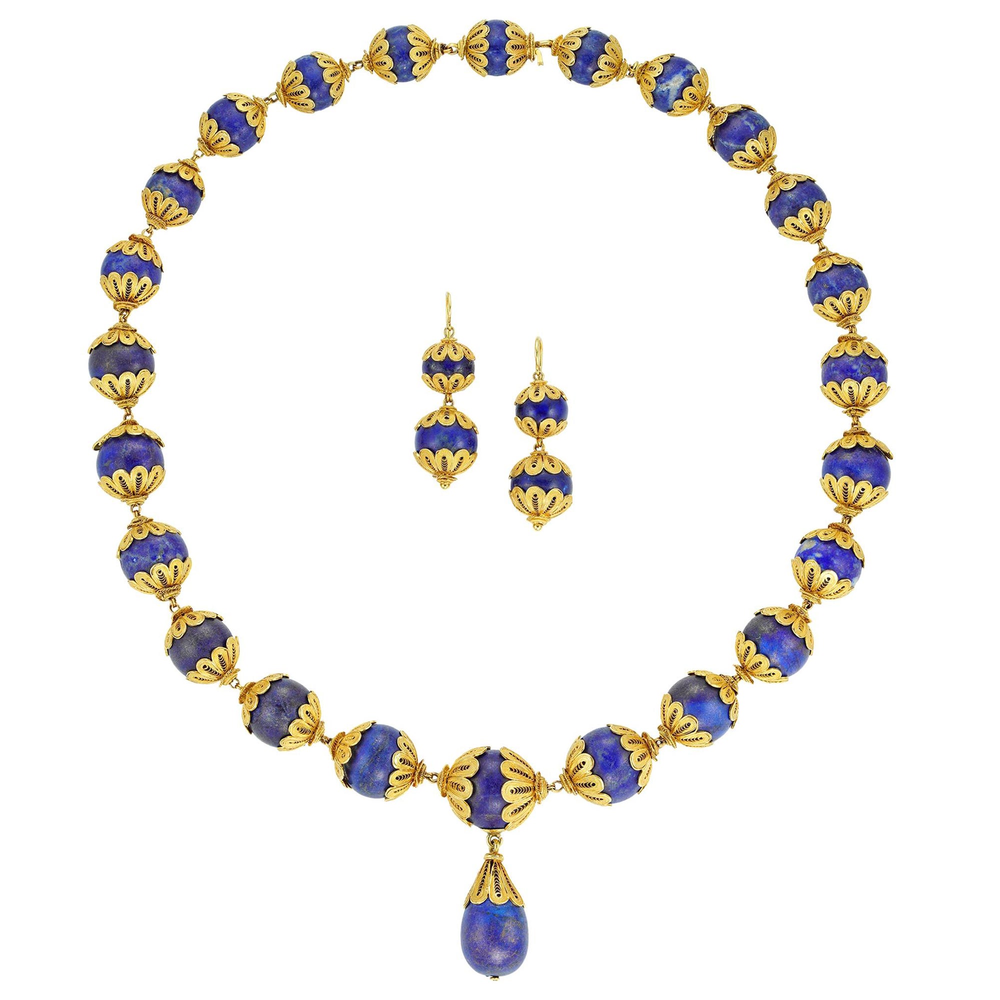 19th Century Lapis Lazuli Bead and Gold Demi-Parure