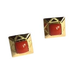 18 Karat Yellow Gold Earrings with Red Mediterranean Coral