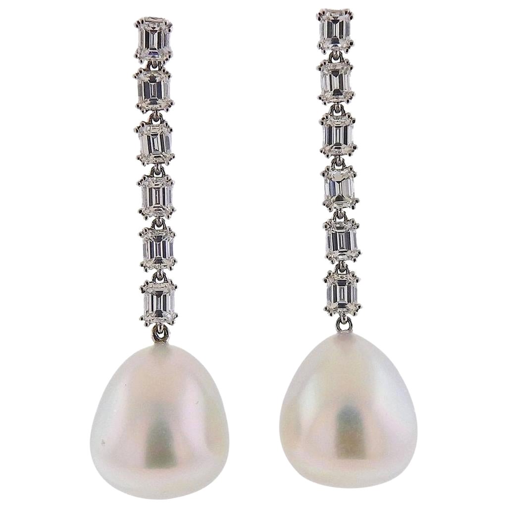 Assael Diamond South Sea Pearl Gold Drop Earrings For Sale
