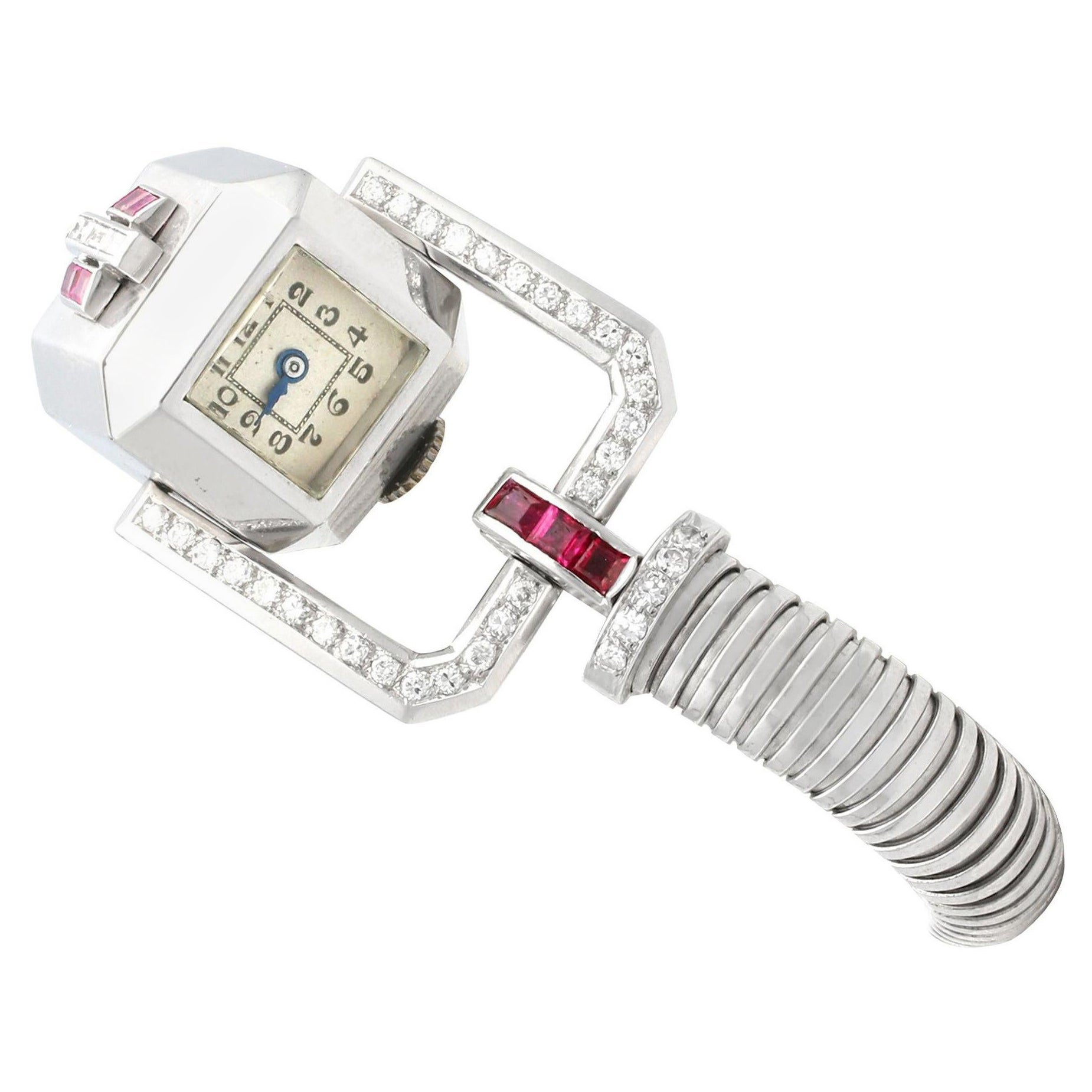 1.56 Carat Ruby 1.02 Carat Diamond Ladies Cocktail Watch in White Gold Art Deco For Sale