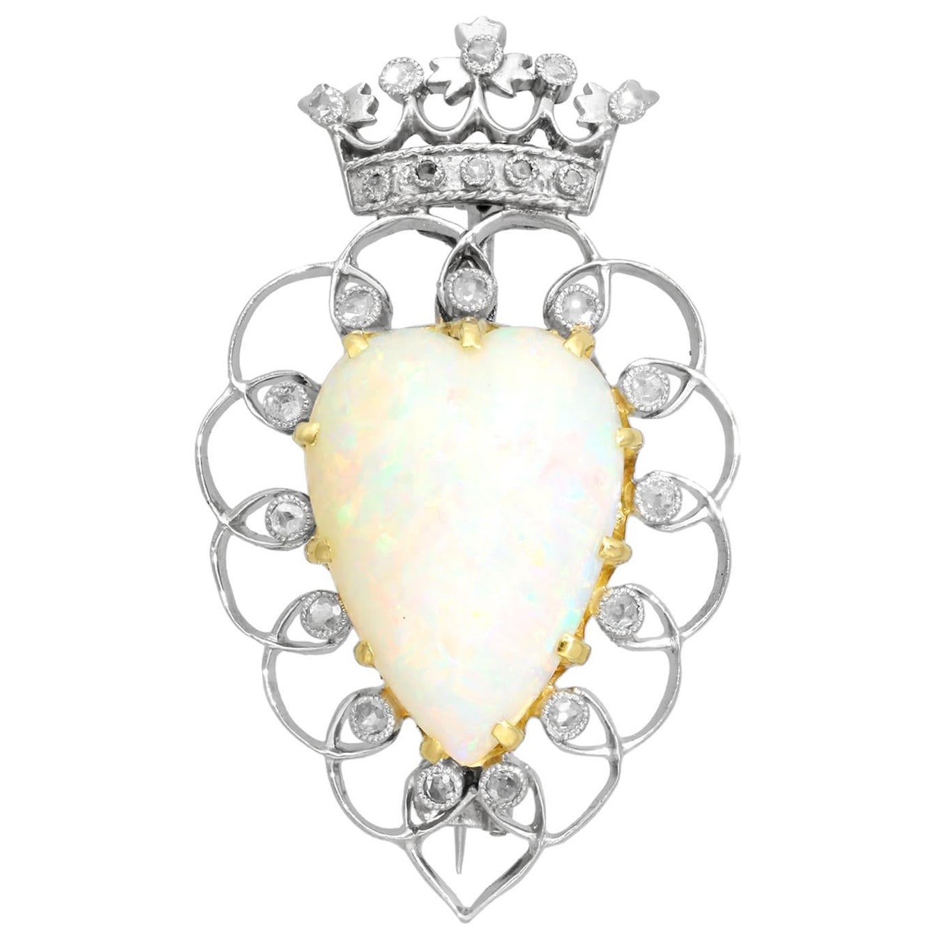 Victorian 5.95 Carat Opal and Diamond Platinum Brooch For Sale
