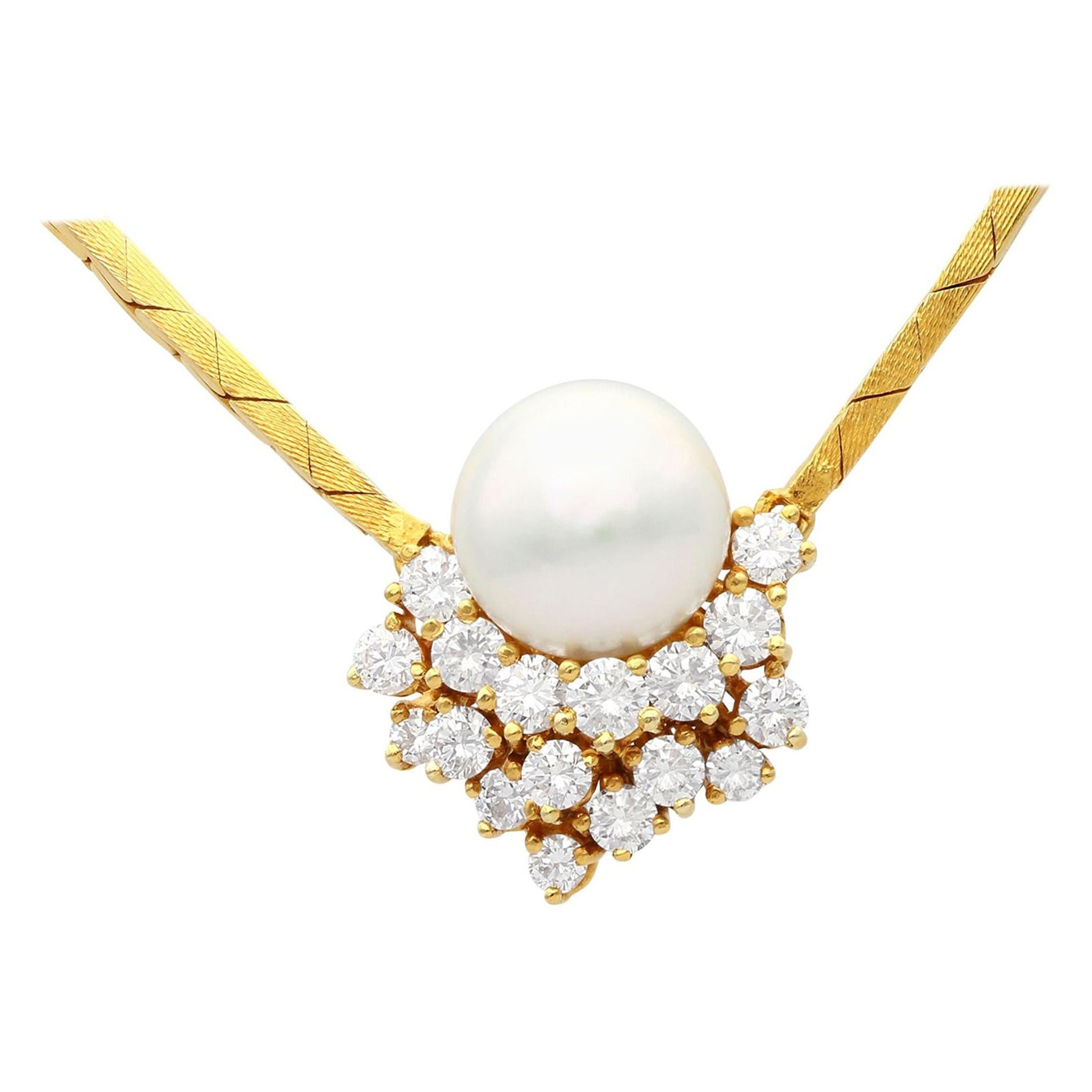 Cultured Pearl and 1.75 Carat Diamond Yellow Gold Necklace For Sale