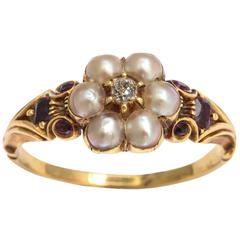 Garnet Pearl Cluster Diamond Gold Locket Ring 
