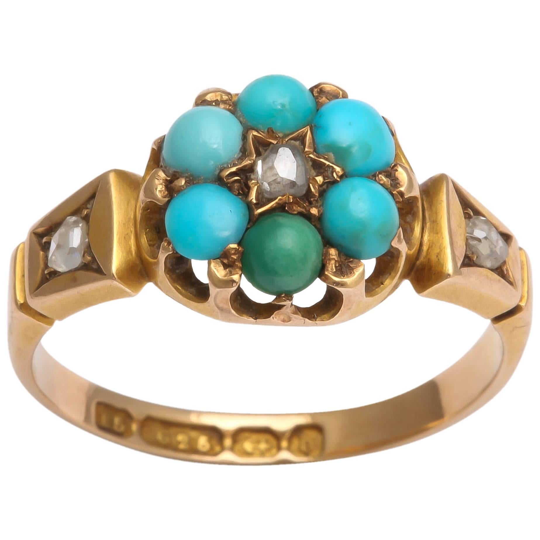 Victorian Turquoise diamond gold Cluster ring