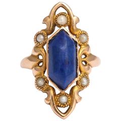 Deep Blue Lapis and Seed Pearl Ring 