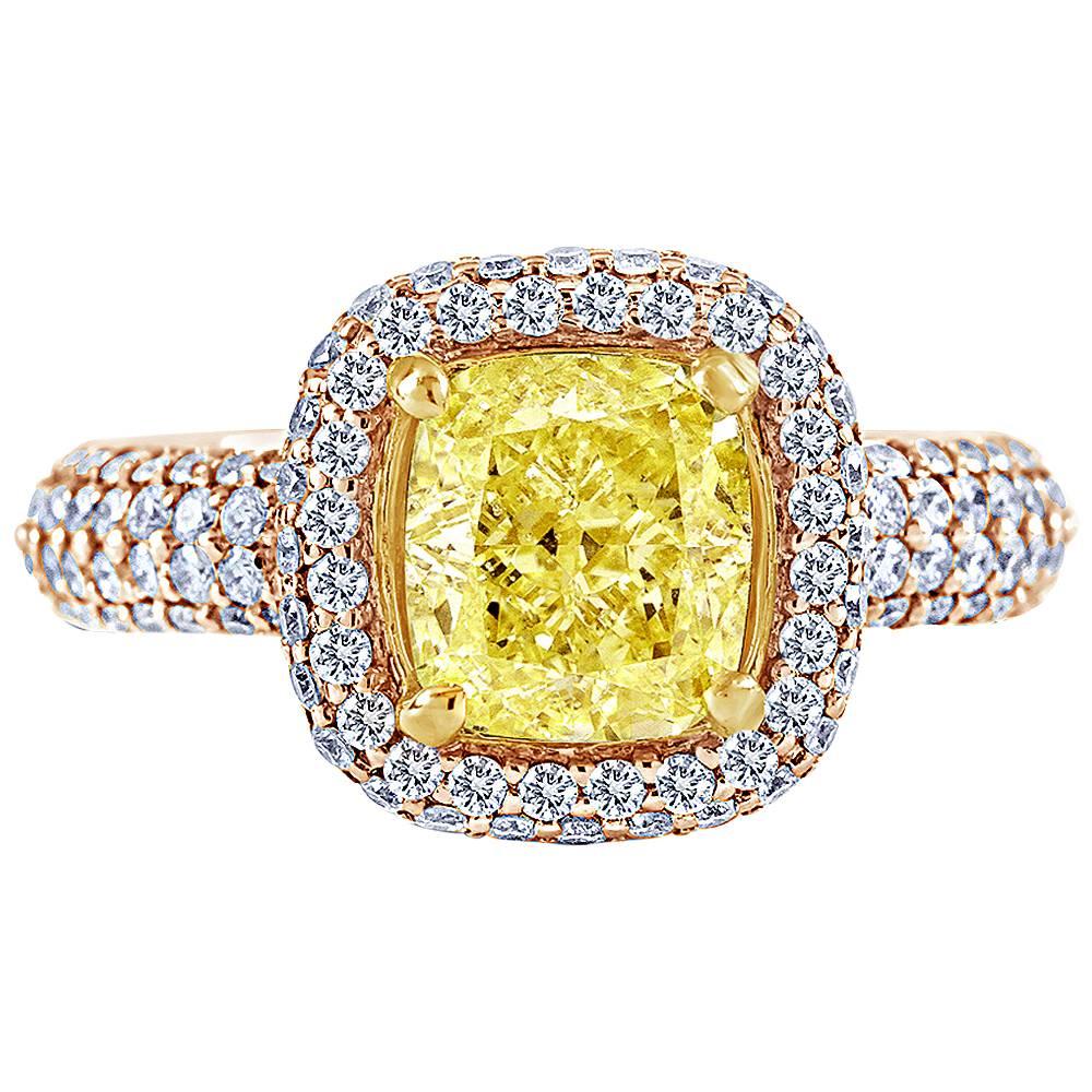 2.03 Carat GIA Cert Cushion Cut Diamond Halo Gold Engagement Ring For Sale