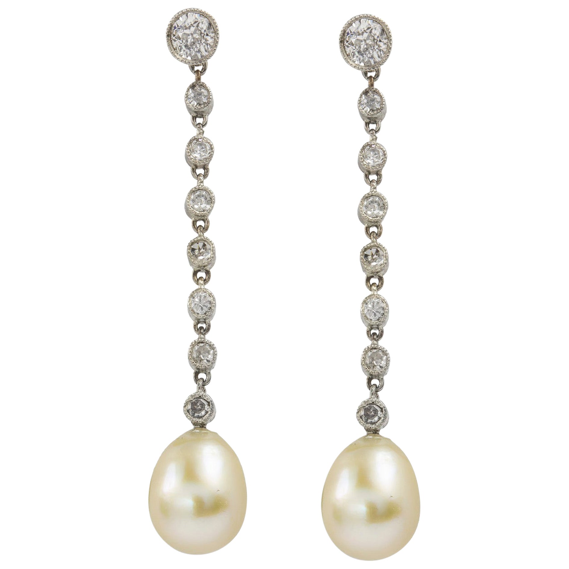 Pair of Edwardian Pearl and Diamond Drop Earrings For Sale at 1stDibs