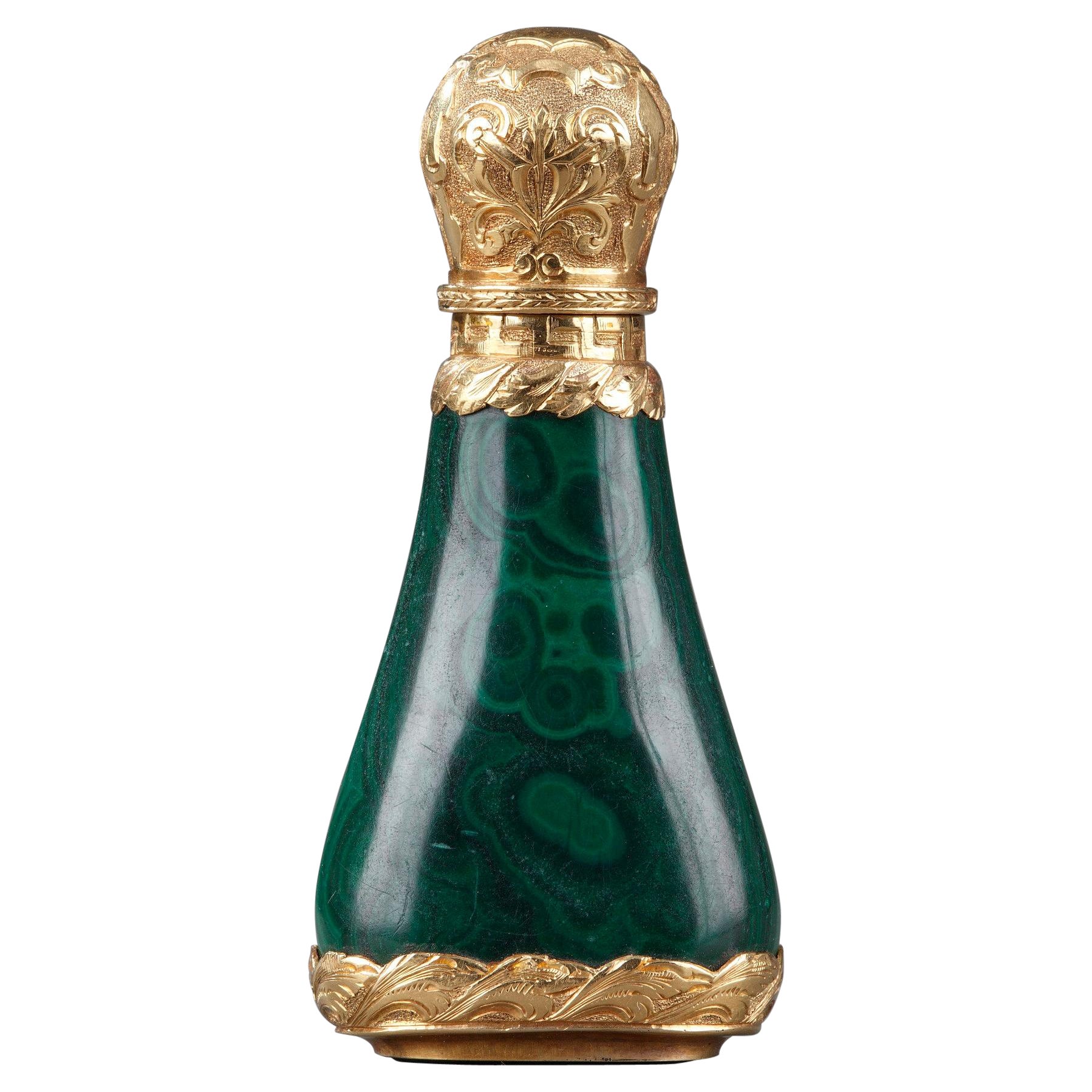 In Gold gefasster Malachit-Parfümflasche, Mitte des 19. Jahrhunderts