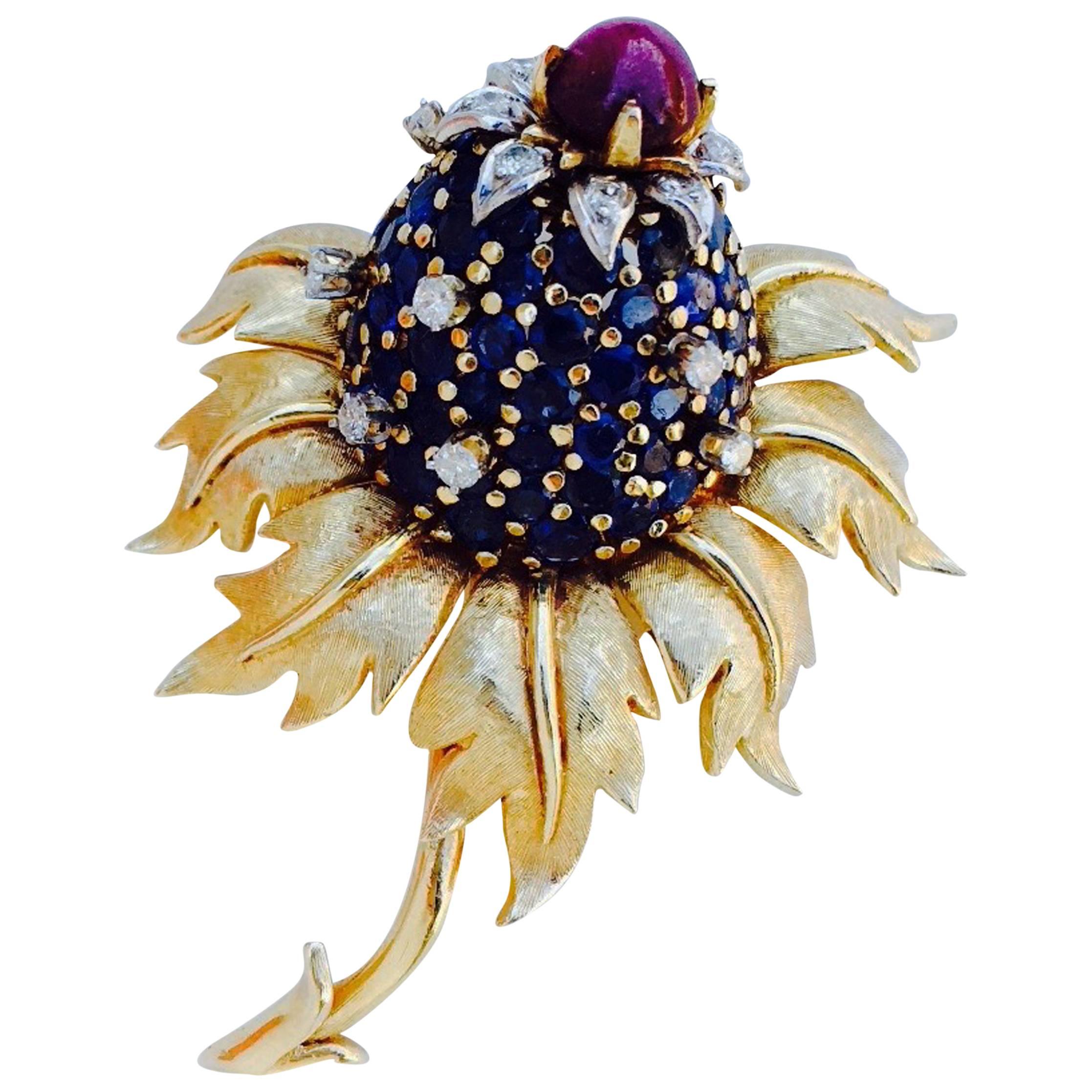 Jean Schlumberger Tiffany & Co. Gold Sapphire Diamond Ruby Thistle Brooch