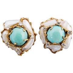 1970s Arthur King Persian Turquoise Pearl Diamond Gold Earrings 