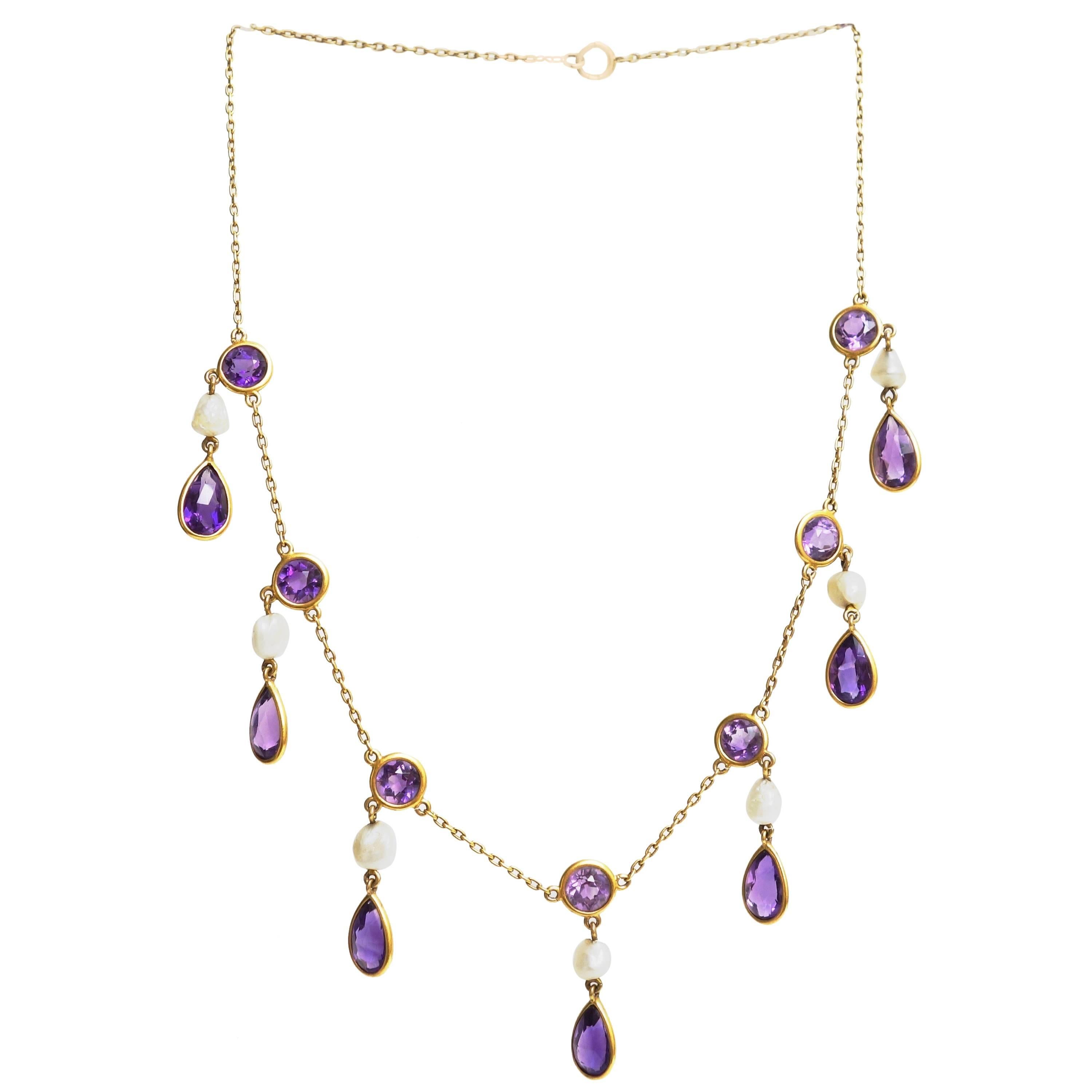 Victorian Amethyst Pearl Yellow Gold Pendants Necklace For Sale