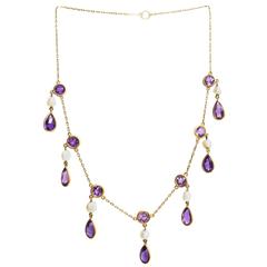 Victorian Amethyst Pearl Yellow Gold Pendants Necklace