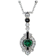 Antique Art Deco Onyx Emerald Diamond Necklace 
