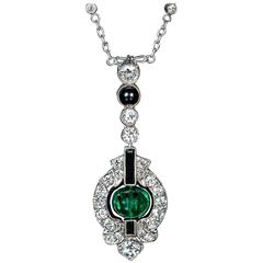 Art Deco Onyx Emerald Diamond Necklace 11
