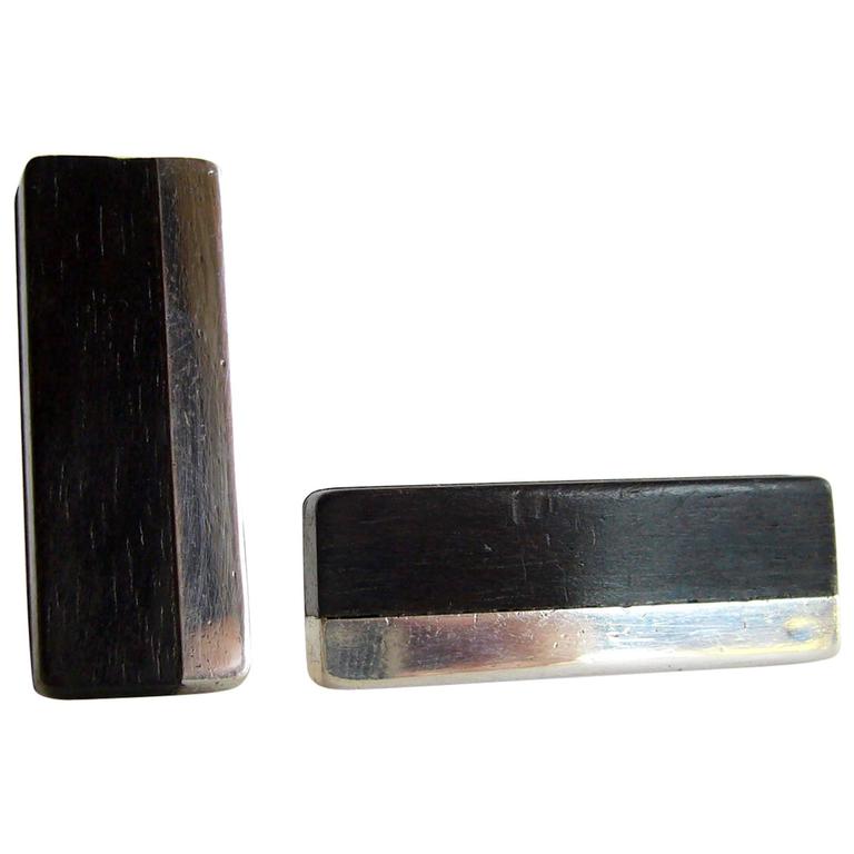 Boutons De Manchette Vintage En Argent 925 Et Bois D'ébène - Style Mid Century Modern