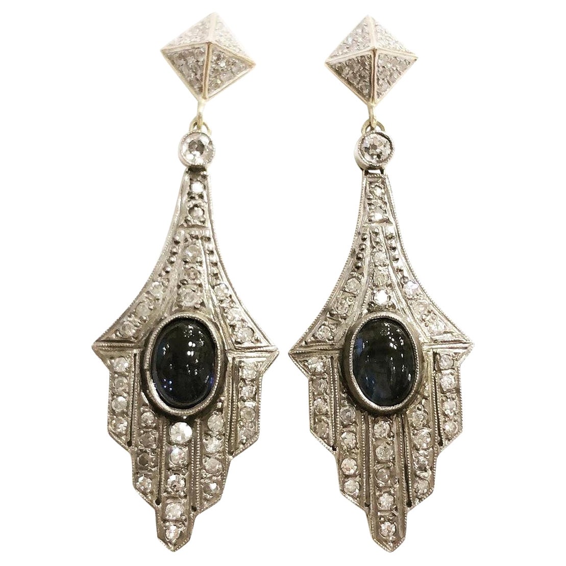 Art Deco 18 Karat Yellow Gold Platinum, Sapphire Cabochon Diamonds Drop Earrings For Sale