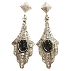 Art Deco 18 Karat Yellow Gold Platinum, Sapphire Cabochon Diamonds Drop Earrings