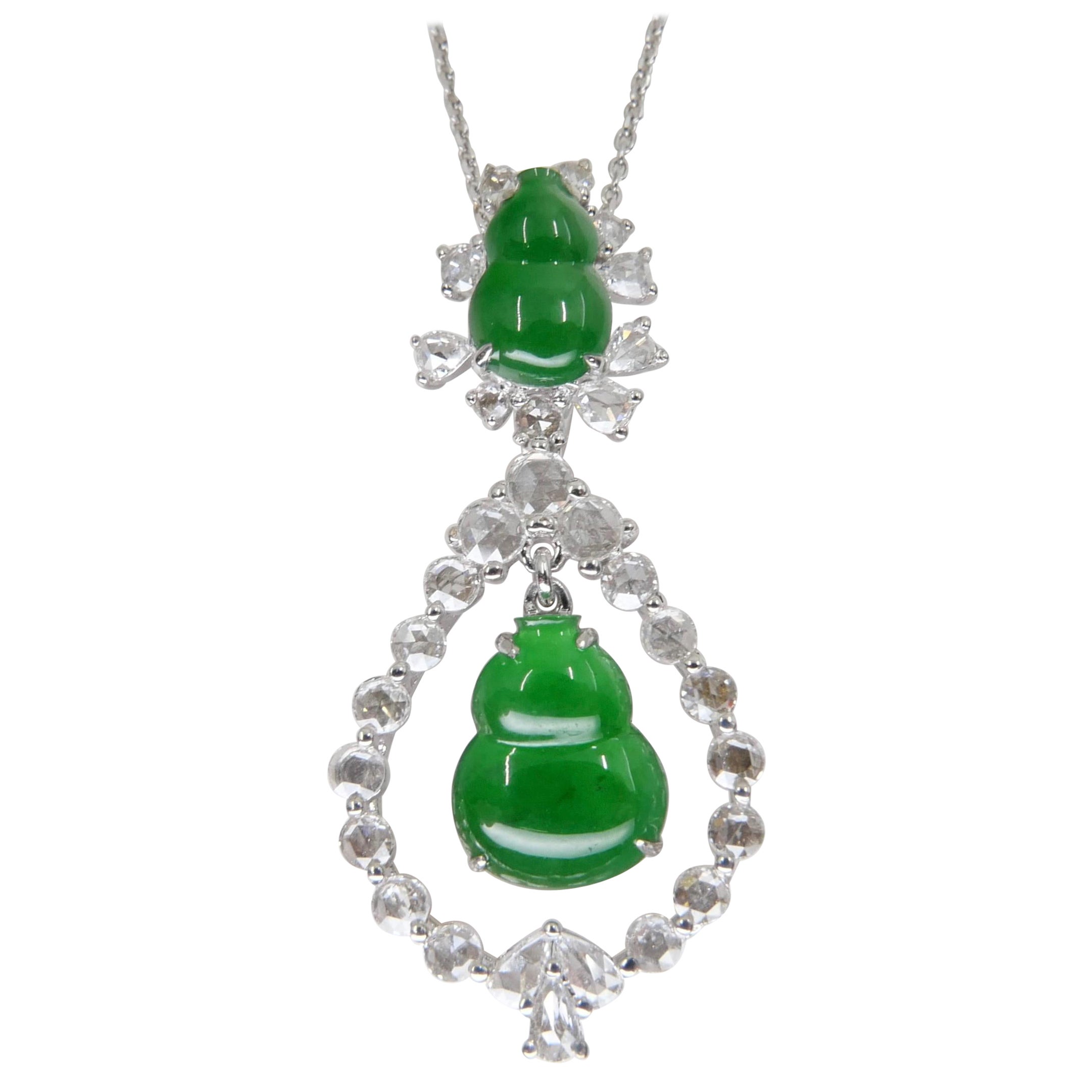 Important Certified Imperial Jade Gourd Diamond Pendant Necklace, Imperial Green For Sale