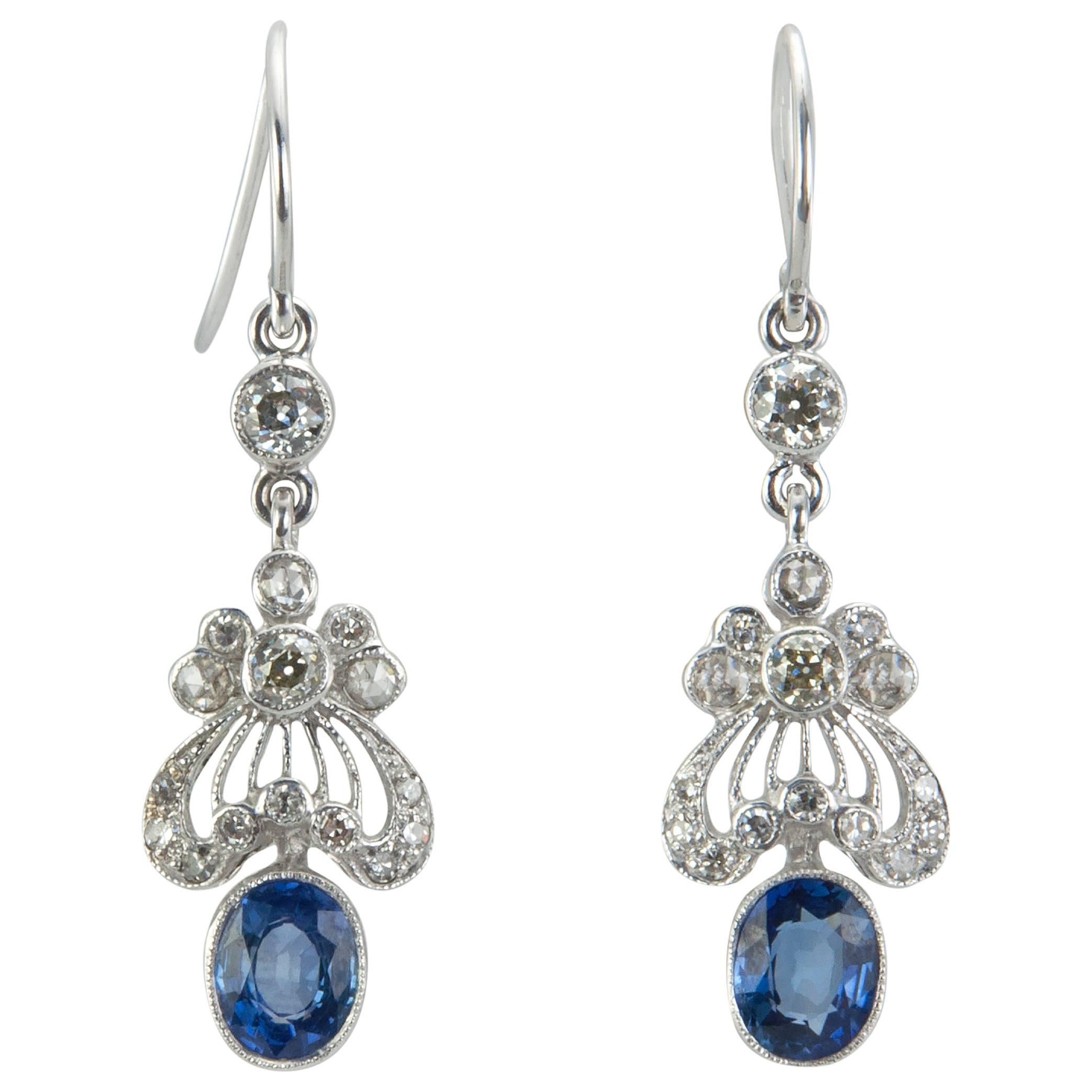 Edwardian Style Sapphire Diamond Gold Earrings For Sale