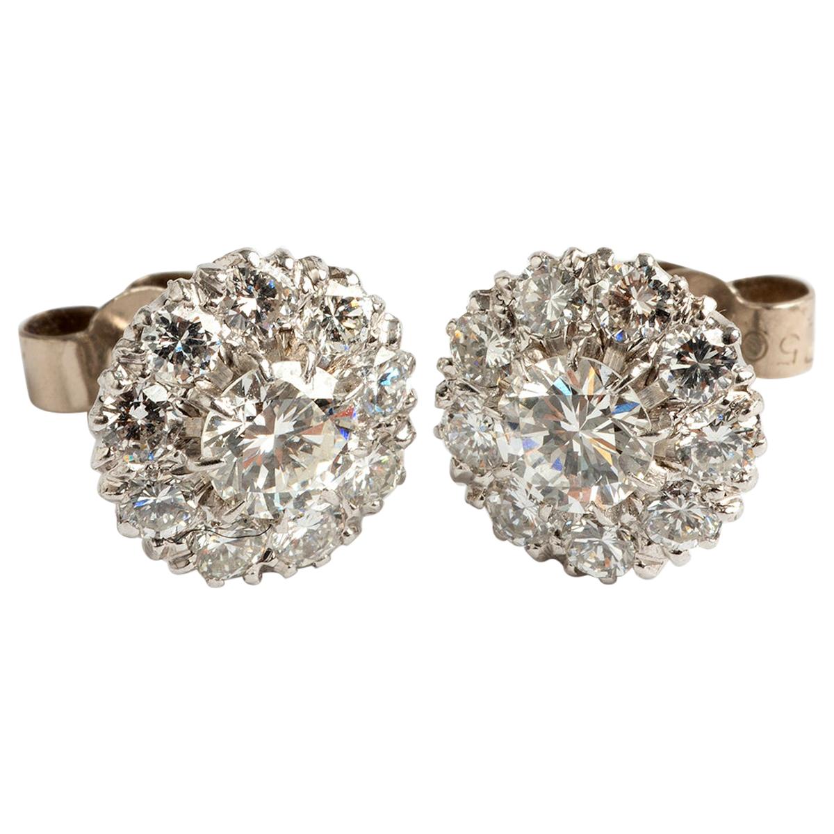 Diamond Cluster Earrings, 18 Carat White Gold,  Est 1.97 Ct Brill Cut Diamonds. For Sale