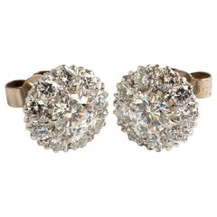 Diamond Cluster Earrings, 18 Carat White Gold,  Est 1.97 Ct Brill Cut Diamonds.