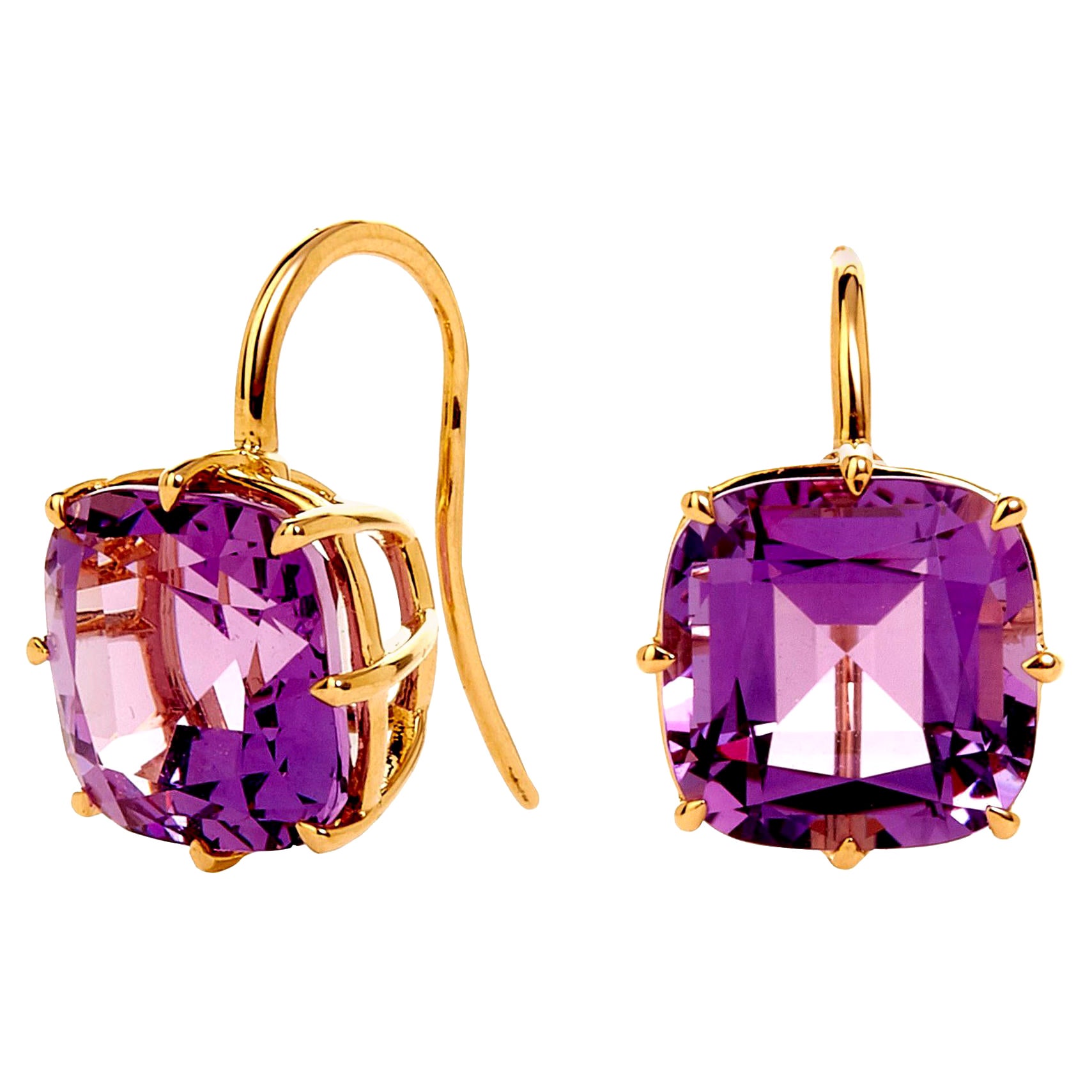 Syna Yellow Gold Amethyst Cushion Earrings For Sale