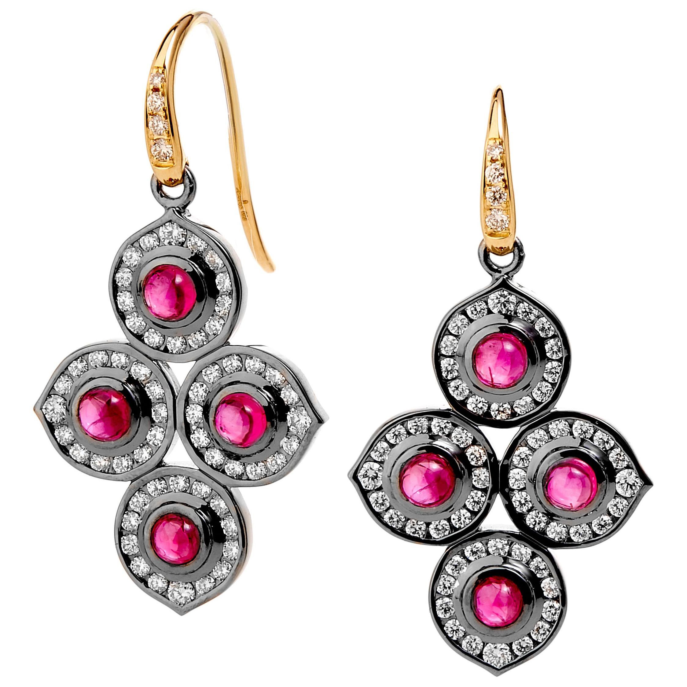 Syna Yellow Gold and Oxidized Silver Earrings with Rubies and Diamonds For Sale