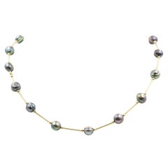 Vintage Elegant Gray Pearl Yellow Gold Bar with Bead Link Necklace