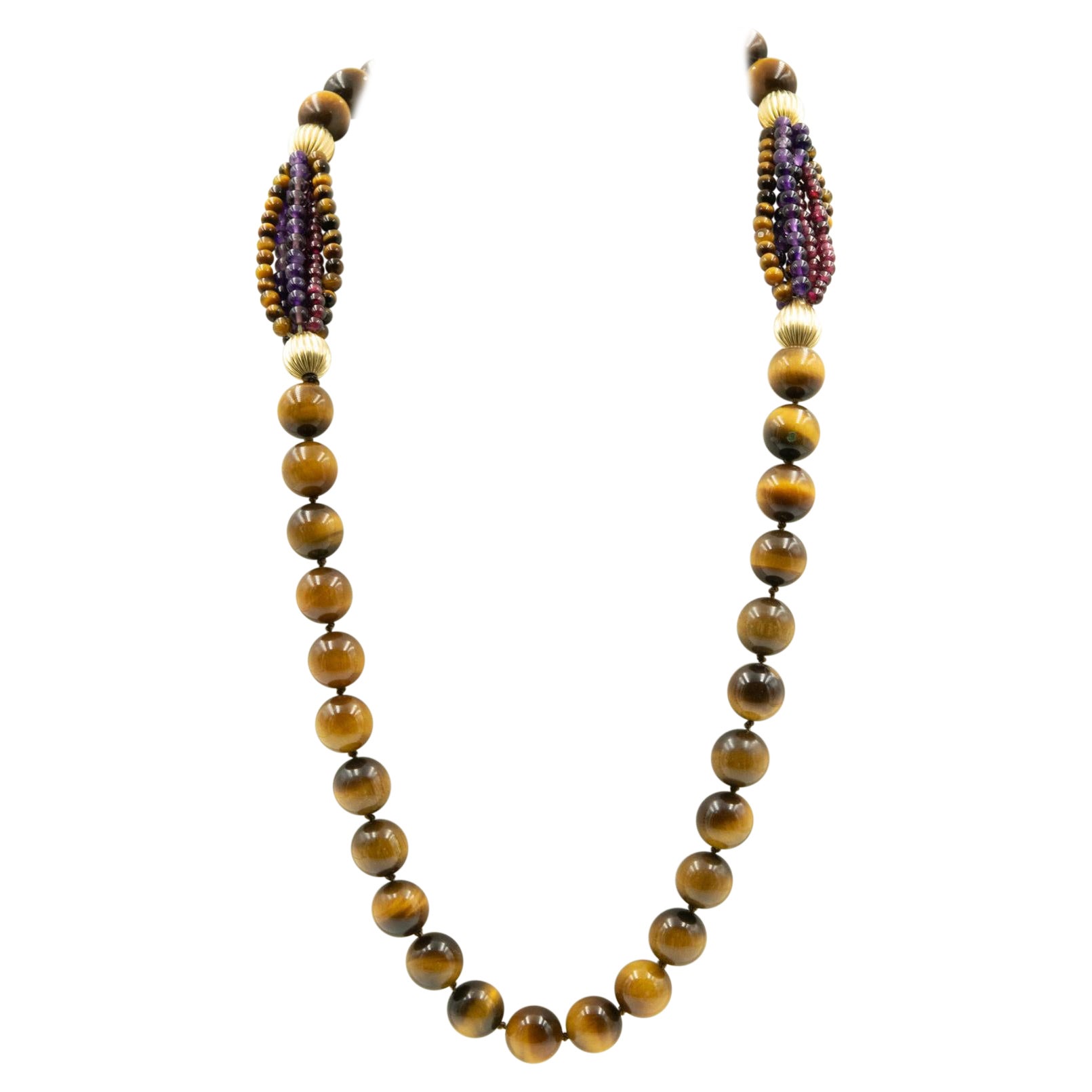 Long collier de perles d'améthyste et de grenat en forme d'œil de tigre avec perles nervurées remplies d'or
