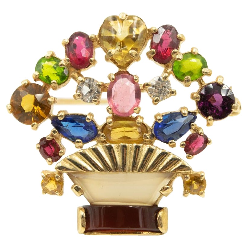 Retro Diamond Gemstone Flower Basket Yellow Gold Brooch Circa Mid 20th Century