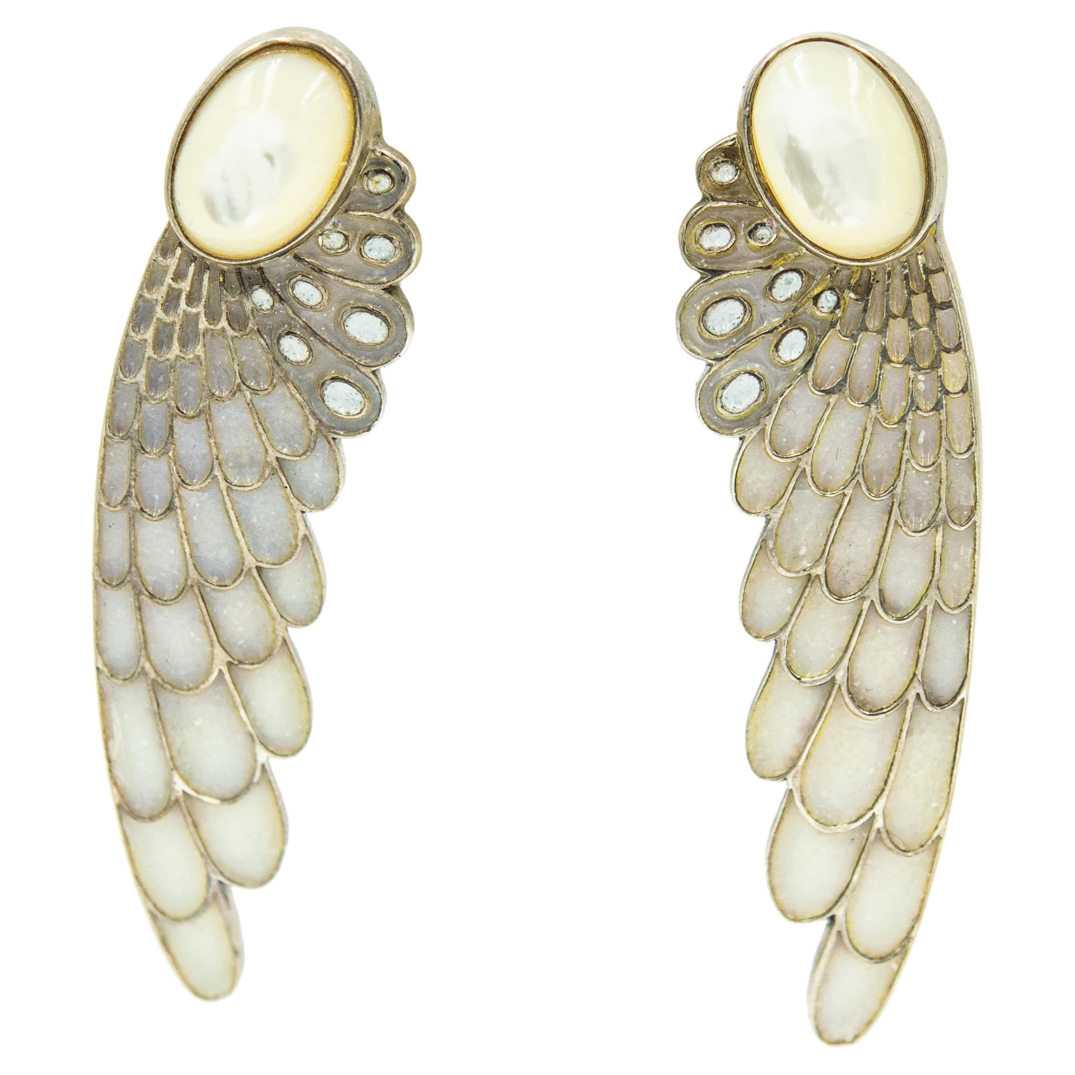 Erte Sterling Silver Enamel and Mother of Pearl Wing Feather Earrings