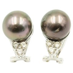Vintage Grey Pearl and Diamond White Gold Earrings