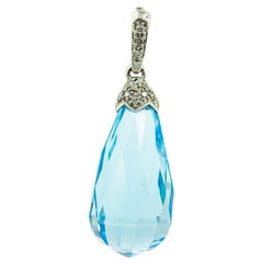 Faceted Blue Topaz Diamond Teardrop White Gold Pendant Necklace Enhancer